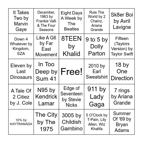 Music Bingo Card