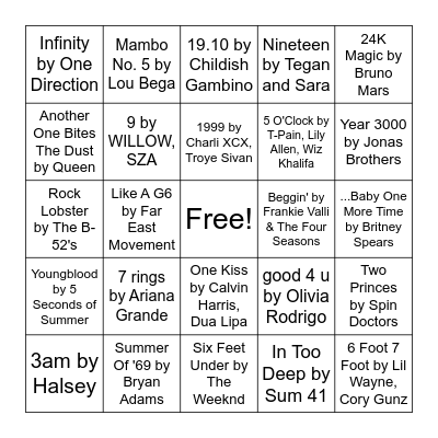 Music Bingo Card