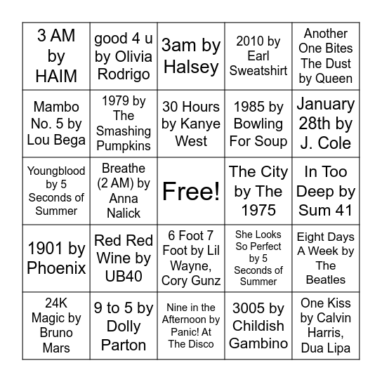 Music Bingo Card