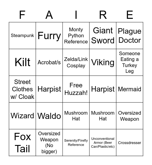 Renaissance Faire Bingo Card