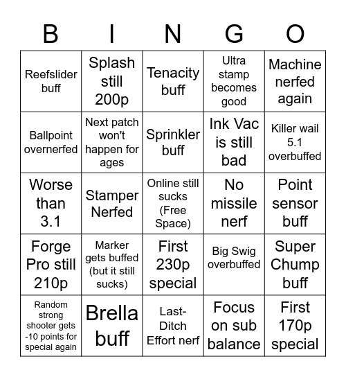 Splatoon 3 patch 4.0 Bingo Card