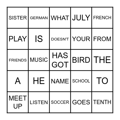 Second English Bingo Card