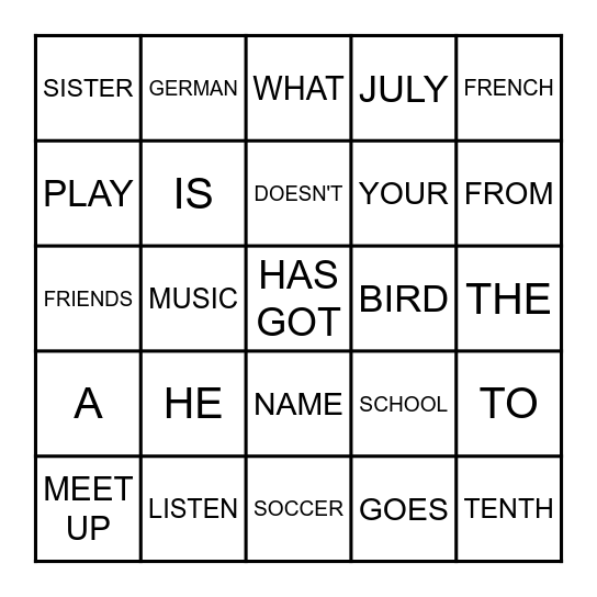 Second English Bingo Card