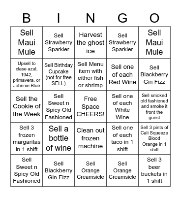Bartender BINGO Card