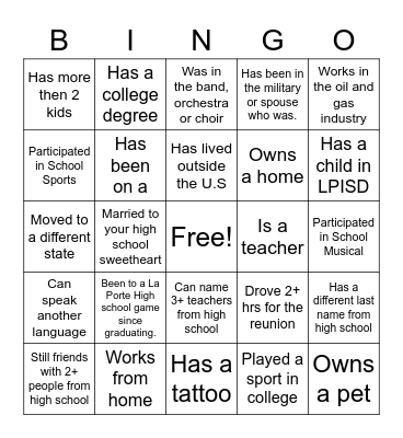 class of 2013 Reunion Bingo Card