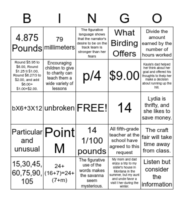Fifth Grade Common Assessment Practice Bingo Card