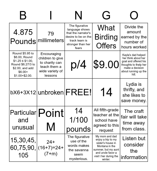 Fifth Grade Common Assessment Practice Bingo Card