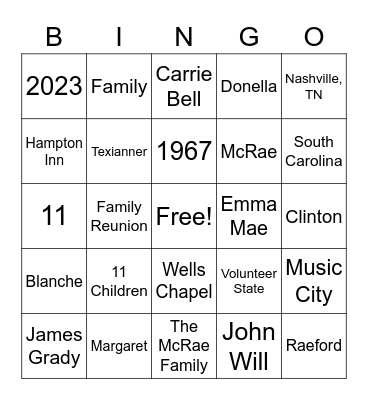 57th McRae Reunion Bingo Card