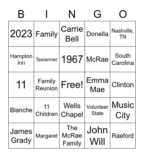 57th McRae Reunion Bingo Card