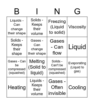 States of Matter Bingo Card