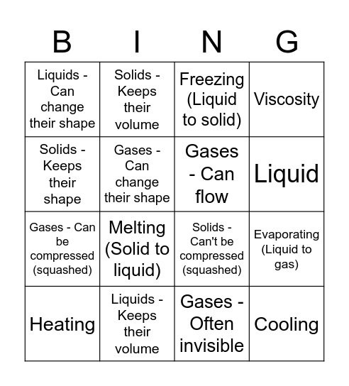 States of Matter Bingo Card