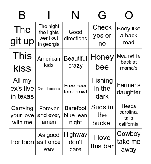 Country Cookout Bingo Card