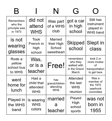 WHS Reunion-Class of 1973- Find someone who                   oUntitled Bingo Card