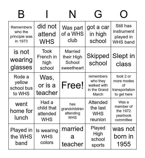 WHS Reunion-Class of 1973- Find someone who                   oUntitled Bingo Card