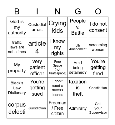 Sovereign Citizen Bingo Card