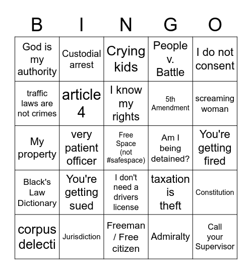 Sovereign Citizen Bingo Card