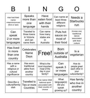 Cultural Diversity Bingo Card