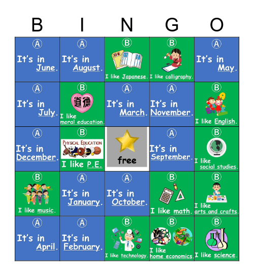 A.) When's your birthday? / B.) What subject do you like? Bingo Card