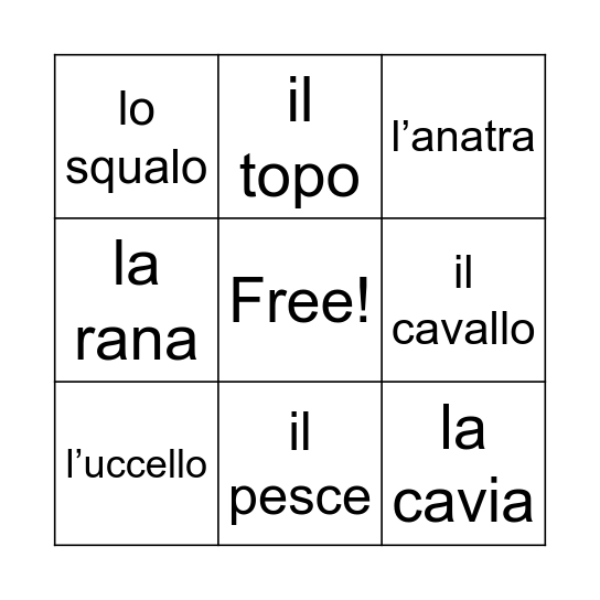 Gli animali Bingo Card
