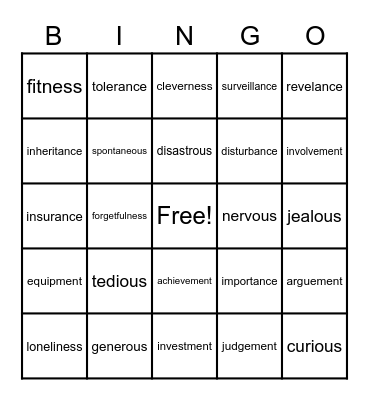 Suffixes -ness, -ous,  ment, ance, Bingo Card