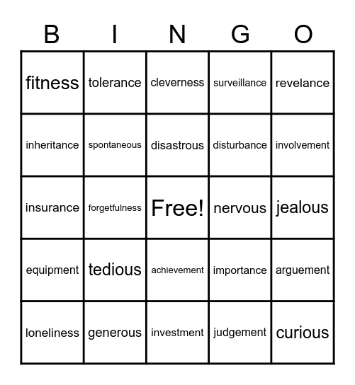 Suffixes -ness, -ous,  ment, ance, Bingo Card