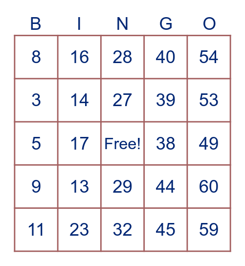 1-60 Bingo Card