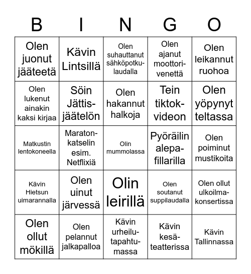 Mitä teit viime kesänä? Bingo Card