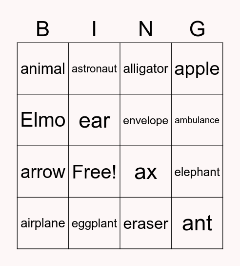 Aa and Ee Bingo Card
