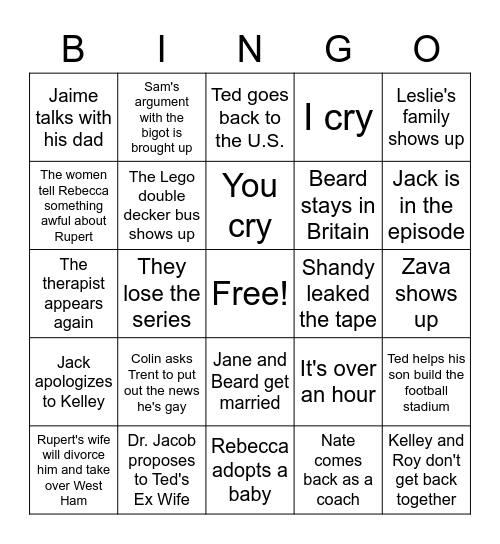 Cam's Ted Lasso Finale Bingo Card