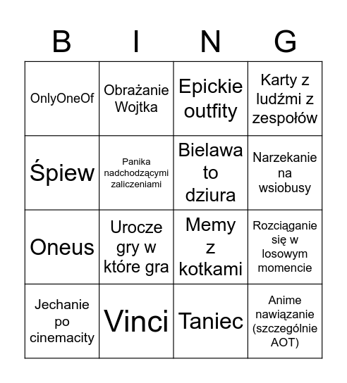 Zuzia bingo Card