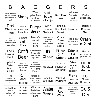 Badgers Pub Crawl Bingo Card