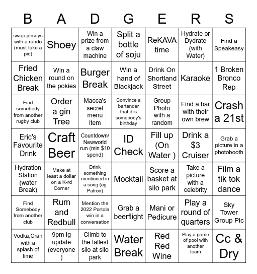 Badgers Pub Crawl Bingo Card