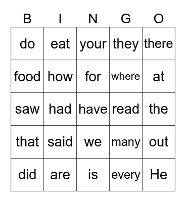Sight Words -1 Bingo Card