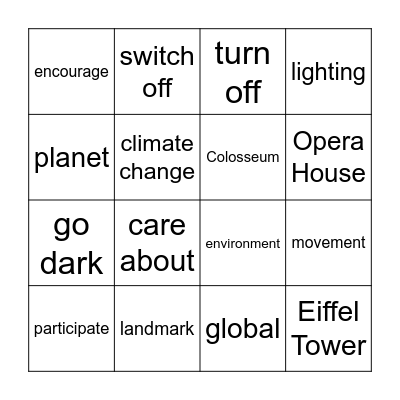 Earth Hour Bingo Card