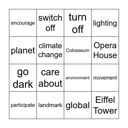 Earth Hour Bingo Card