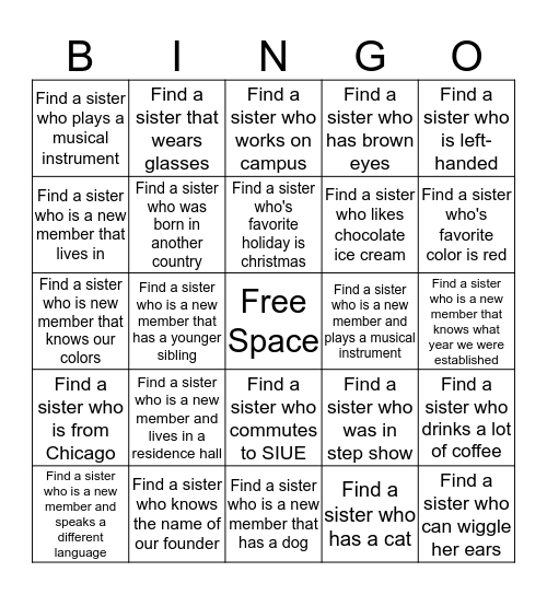 Find a sister who.... Bingo Card