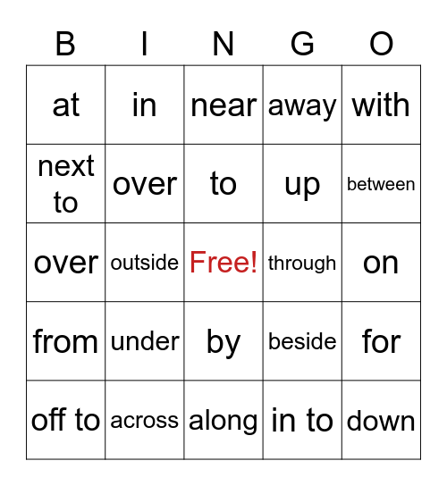 Preposition Bingo Card