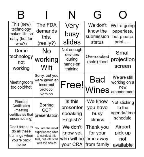 Inverstigators Meeting Bingo Card