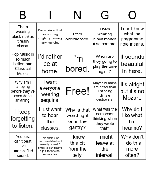 Classical Concert Bingo Card