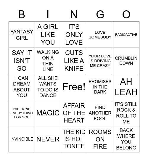 RICK SPRINGFIELD RADIO Bingo Card