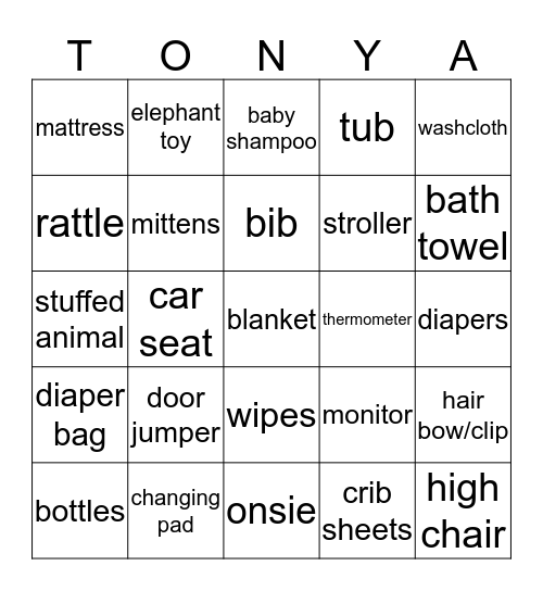 Baby Shower Bingo in Honor of  Bingo Card