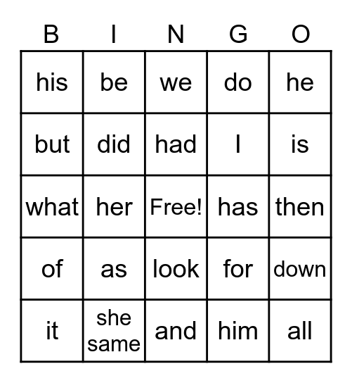 High frequency words Bingo Card