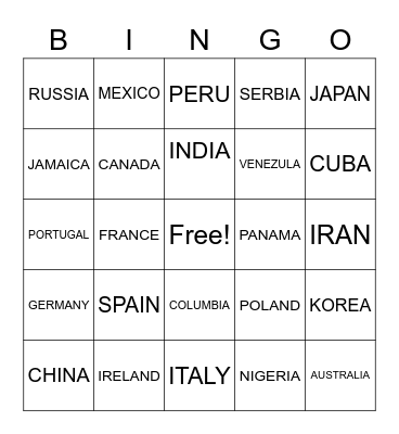 COUNTRIES Bingo Card