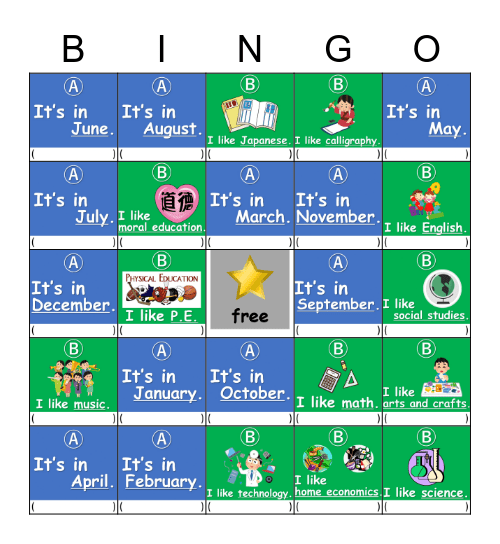 (A)  When's your birthday?     |     (B)  What subject do you like? Bingo Card