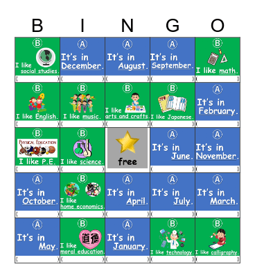 (A) When's your birthday? | (B) What subject do you like? Bingo Card