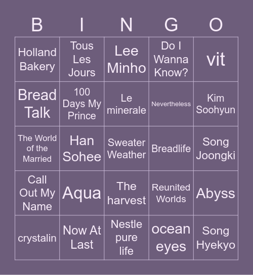 Kayin <3 Bingo Card