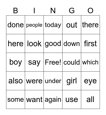 Sight word Bingo Card