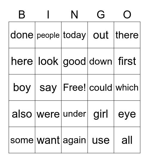 Sight word Bingo Card