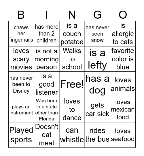 Getting to Know You Bingo Card