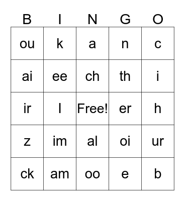 letters blends/ sounds Bingo Card